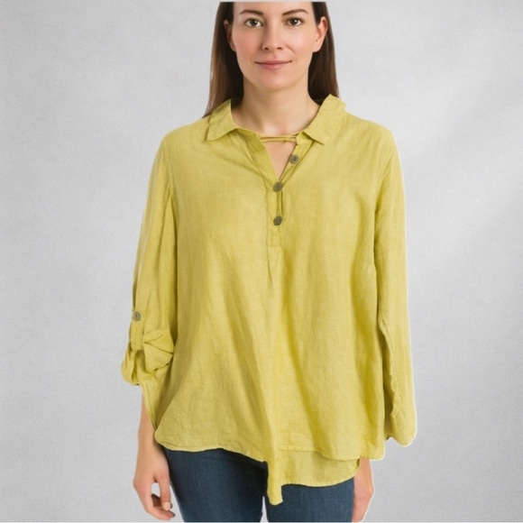 Cynthia Rowley Tops - Cynthia Rowley Linen Blouse  Women’s 1X Split Neck Roll-Tab Sleeve High-Low